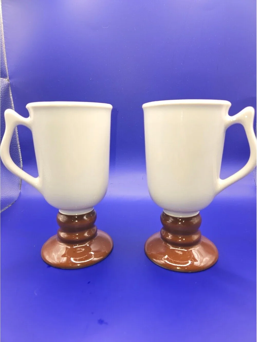 Pair of Vintage Hall Ceramic Pedestal Mugs Brown and White 7 Inch Tall
